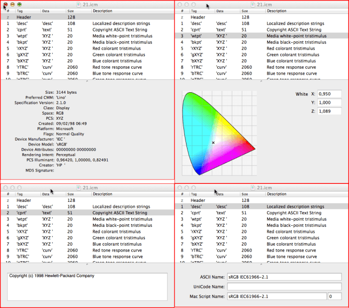 Mac OSX  'Color Sync Utility' showing various infos about the extracted ICM profile.